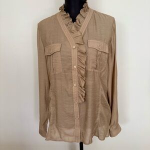 Peter Nygard Women's Tan Button Up Shirt with Ruffle Accent